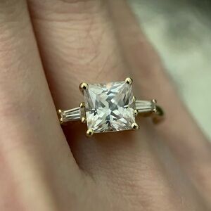 10kt solid yellow gold 2ct+ princess cut and tapered baguette engagement ring